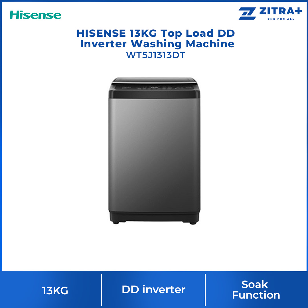 HISENSE 13KG Top Load DD Inverter Washing Machine WT5J1313DT | Powerful Waterfall | Smart Water Control | Tub Clean | Delay End | Memory Function | Soak Function | Mega Capacity | Bubble Clean | Extra Soft | Air Dry | Washing Machine with 2 Year Warranty