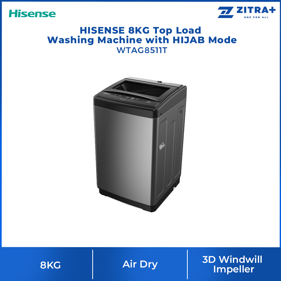 HISENSE 8KG Top Load Washing Machine with HIJAB Mode WTAG8511T | Solid Glass Door | 3D Windmill Impeller | Self Diagnosis | Tub Clean | Small Size Big Power | Washing Machine with 2 Year Warranty