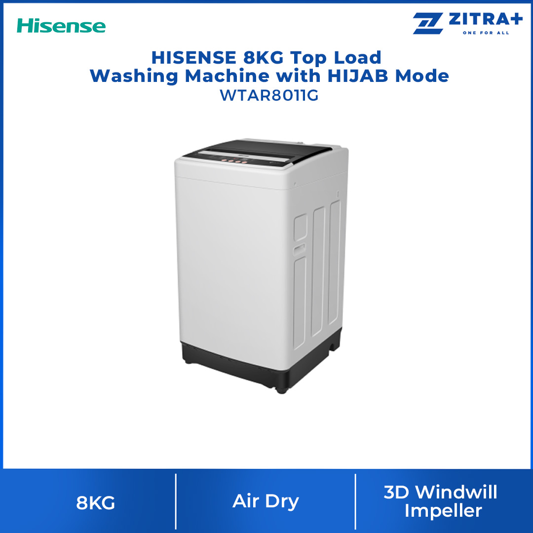 HISENSE 8KG Top Load Washing Machine with HIJAB Mode WTAR8011G | Air Dry | Aqua Preserve | Child Lock | LED Display | Buzzer | Tub Clean | Washing Machine with 2 Year Warranty