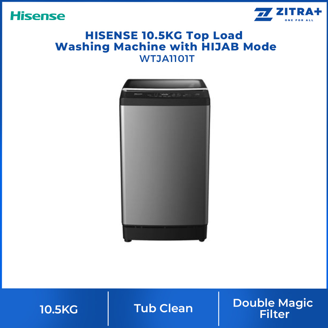 HISENSE 10.5KG Top Load Washing Machine with HIJAB Mode WTJA1101T | Bubble Clean | Soft-Close Tempered Glass | Air Dry | Delicates Mode | Double Magic Filter | Tub Clean | Double Water Flow | Washing Machine with 2 Year Warranty