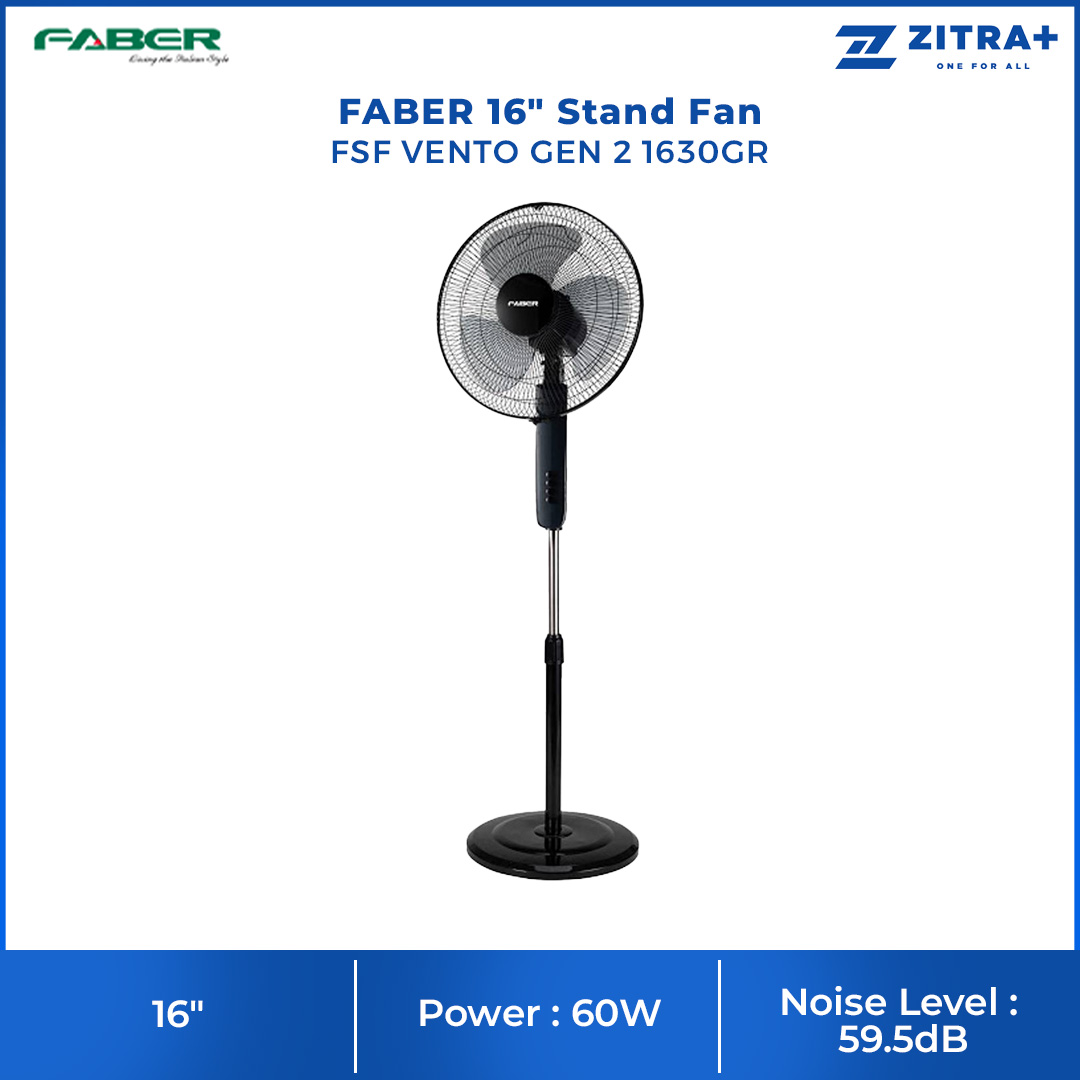 FABER 16" Stand Fan FSF VENTO GEN 2 1630GR | 5 Star Rating | 3 Speed Selection | Thermal Safety Fuse | 100% Copper Motor | 60 Minutes Timer | 5 Blades | Stand Fan with 1 Year Warranty