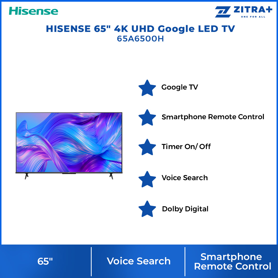 HISENSE 65" 4K UHD Google LED TV 65A6500H | Google TV | Dolby Digital | Voice Search | Smartphone Remote Control | Television with 3 Years Warranty
