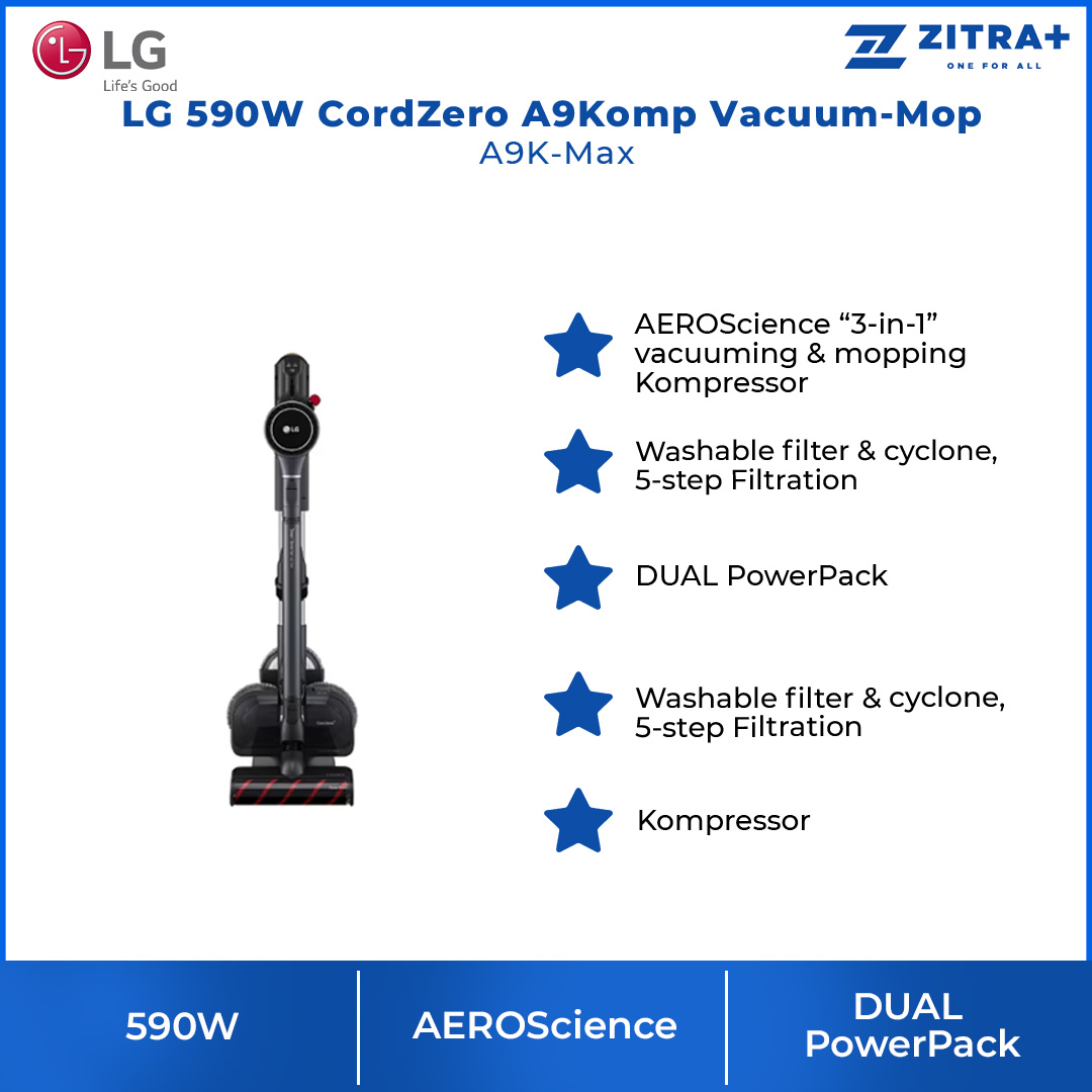 LG 590W CordZero A9Komp Vacuum-Mop A9K-Max | Smart Inverter Motor | Washable Pre-Filter | DUAL PowerPack™ | Vacuum-Mop with 2 Year Warranty