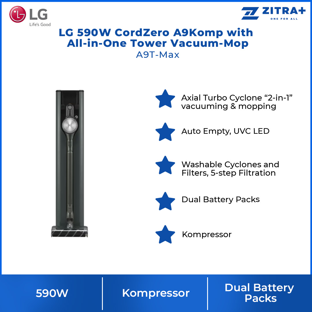 LG 590W CordZero A9Komp with All-in-One Tower Vacuum-Mop A9T-Max | Smart Inverter Motor | 5 step Filtration | Dual Battery Packs | Stick Vacuum with 2 Year Warranty