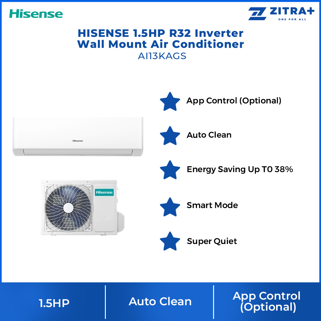 HISENSE 1.5HP R32 Inverter Wall Mount Air Conditioner AI13KAGS | App Control | Auto Clean | Fast Cooling | Air Conditioner with 2 Years Warranty