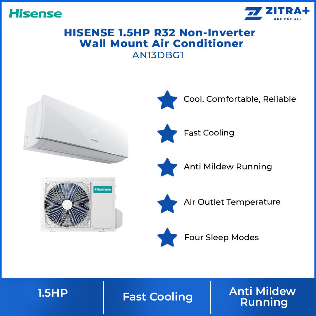 HISENSE 1.5HP R32 Non-Inverter Wall Mount Air Conditioner  AN13DBG1 | Fast Cooling |  Large Blade | LED display | Air Conditioner with 2 Years Warranty