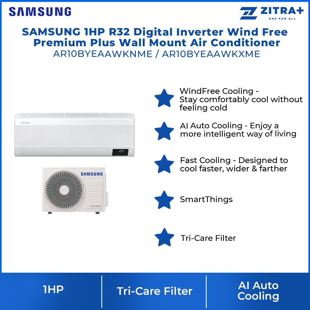 SAMSUNG 1HP R32 Digital Inverter Wind Free Premium Plus Wall Mount Air Conditioner AR10BYEAAWKNME/AR10BYEAAWKXME | WindFree Cooling | AI Auto Cooling | Fast Cooling | Auto Clean | 4Way Swing | Triple Protection | Air Conditioner with 1 Year Warranty