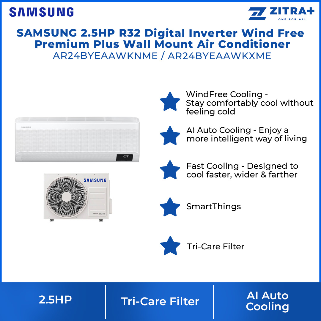 SAMSUNG 2.5HP R32 Digital Inverter Wind Free Premium Plus Wall Mount Air Conditioner AR24BYEAAWKNME/AR24BYEAAWKXME | WindFree Cooling | AI Auto Cooling | Fast Cooling | Auto Clean | 4Way Swing | Triple Protection | Air Conditioner with 1 Year Warranty