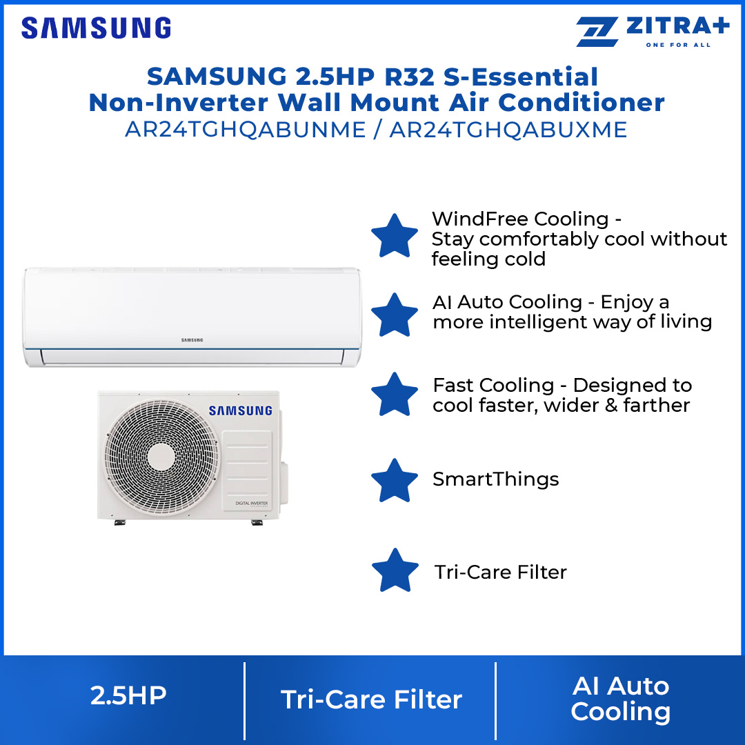 SAMSUNG 2.5HP R32 S-Essential Non-Inverter Wall Mount Air Conditioner AR24TGHQABUNME/AR24TGHQABUXME | S-Essential | HD Filter | Fast Cooling | DuraFin+ | Energy Saving | Auto Swing | Air Conditioner with 1 Year Warranty