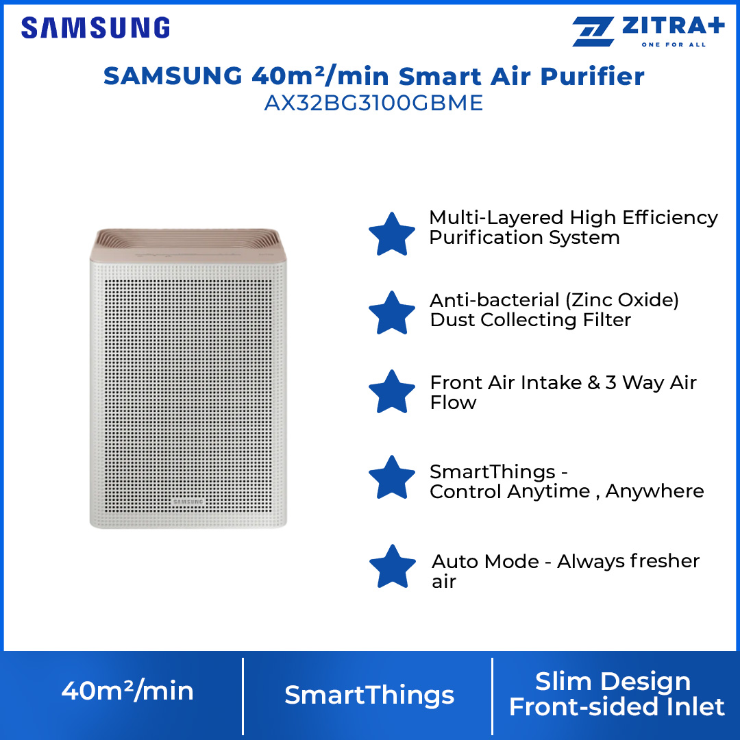 SAMSUNG 40m²/min Smart Air Purifier AX32BG3100GBME | Sleep Mode | Compact Design | Auto Mode | SmartThings | Easy to Maintain | Air Purifier with with 1 Year Warranty