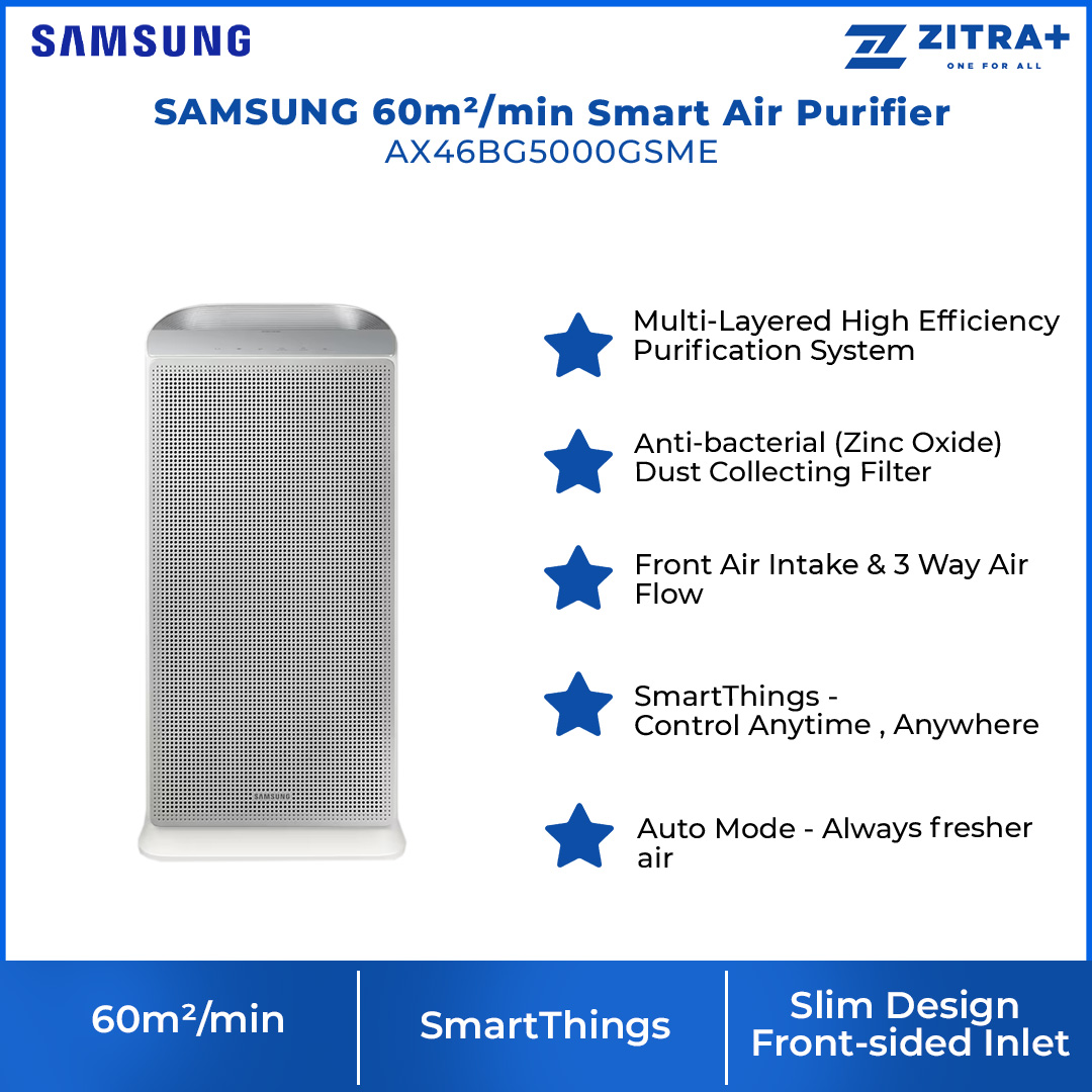 SAMSUNG 60m²/min Smart Air Purifier  AX46BG5000GSME | Removes Ultrafine Dust | Reduces Bacteria | Pure Air Everywhere | SmartThings | Easy to Maintain | Air Purifier with with 1 Year Warranty