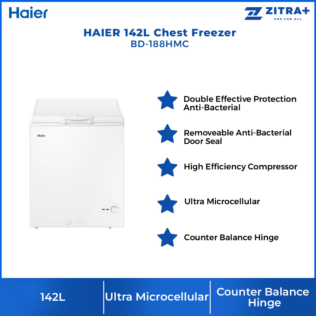 HAIER 142L Chest Freezer BD-188HMC | Double Effective Antibacterial | Fast Freeze Function | Energy Saving | Chest Freezer with 2 Year Warranty