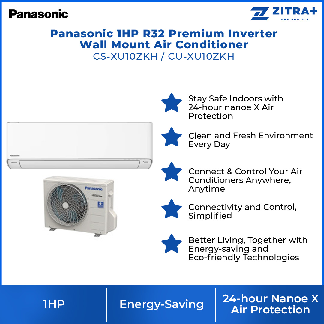 Panasonic 1HP R32 Premium Inverter Wall Mount Air Conditioner CS-XU10ZKH/CU-XU10ZKH | Connectivity and Control,Simplified | Clean&Fresh Environment Every Day | Connect&Control Your Air Conditioners Anywhere,Anytime | Air Conditioner with 2 Year Warranty