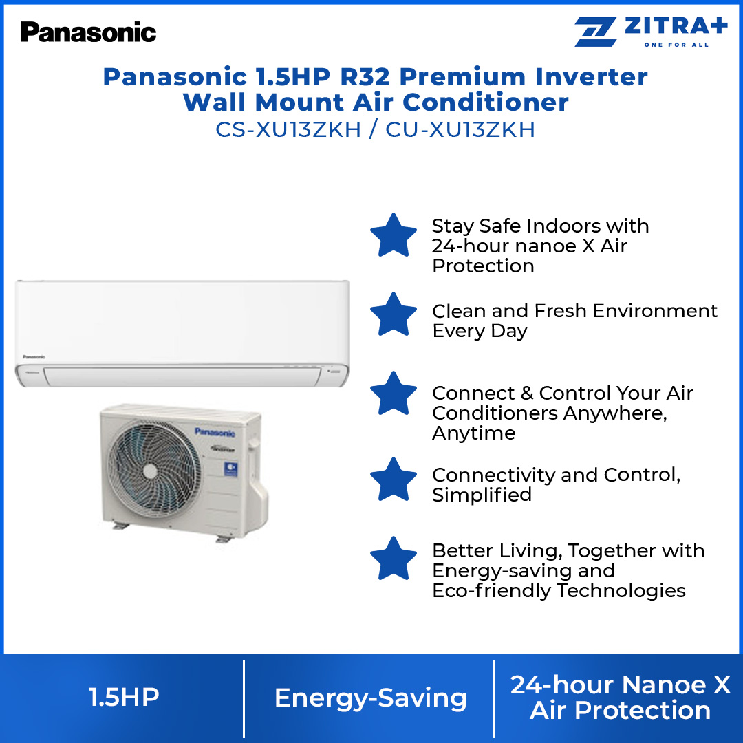 Panasonic 1.5HP R32 Premium Inverter Wall Mount Air Conditioner CS-XU13ZKH/CU-XU13ZKH | Connectivity and Control,Simplified | Clean&Fresh Environment Every Day | Connect&Control Your Air Conditioners Anywhere,Anytime | Air Conditioner with 2 Year Warranty
