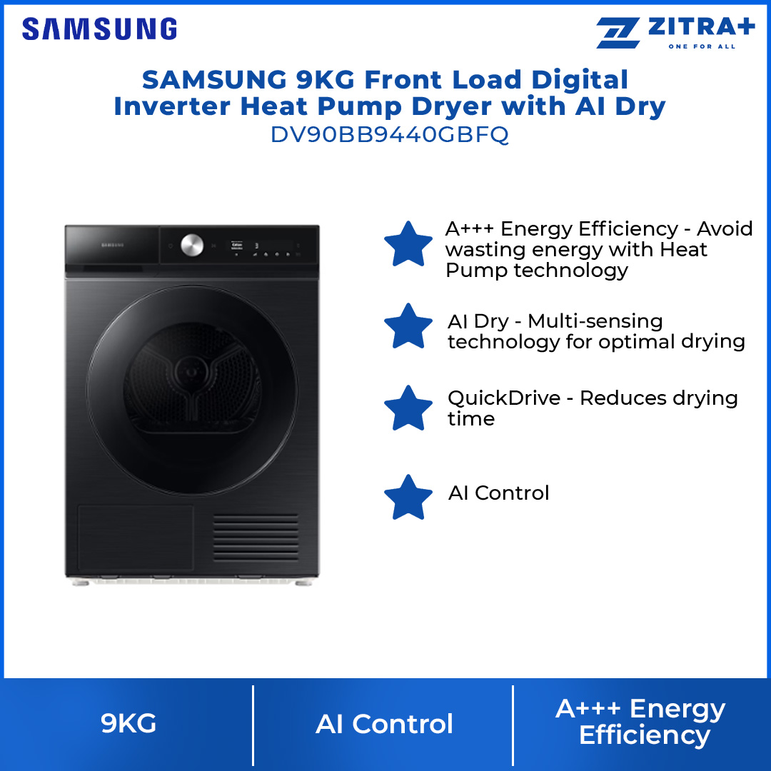 SAMSUNG 9KG Front Load Digital Inverter Heat Pump Dryer with AI Control DV90T8240SX/FQ  | A+++ Efficiency | AI Dry | QuickDrive | Super Speed | Silent Dry | Heat Pump Dryer with 1 Year Warranty