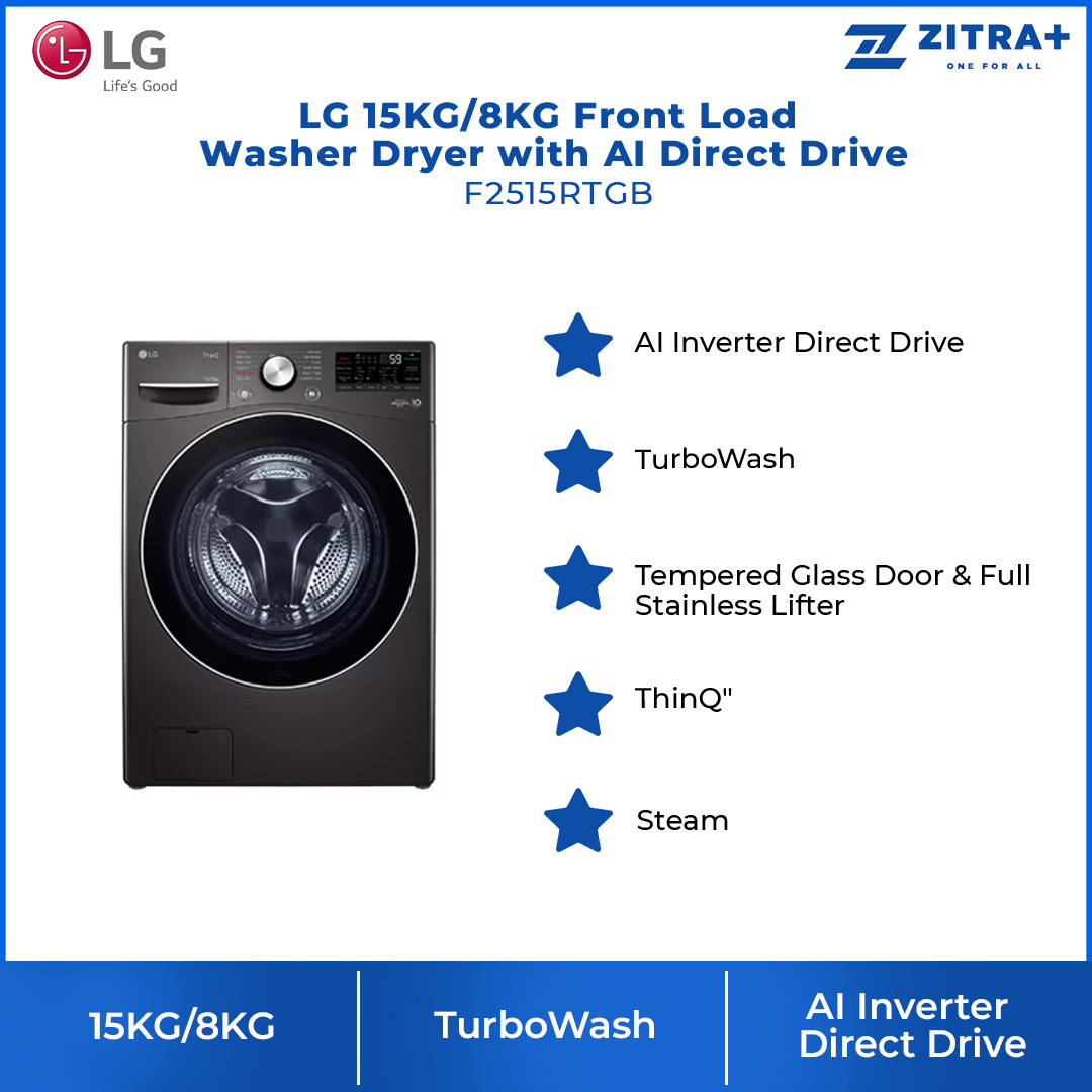LG 15KG/8KG Front Load Washer Dryer with AI Direct Drive F2515RTGB | TurboWash™ | Steam™ | ThinQ™ | Washer Dryer with 1 Year Warranty