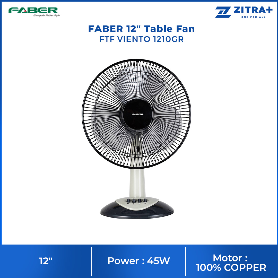 FABER 12" Table Fan FTF VIENTO 1210GR | 3 Blades | 3 Speed Selection | 1250rpm Fan Speed | 52.5dB Noise Level | Table Fan with 1 Year Warranty