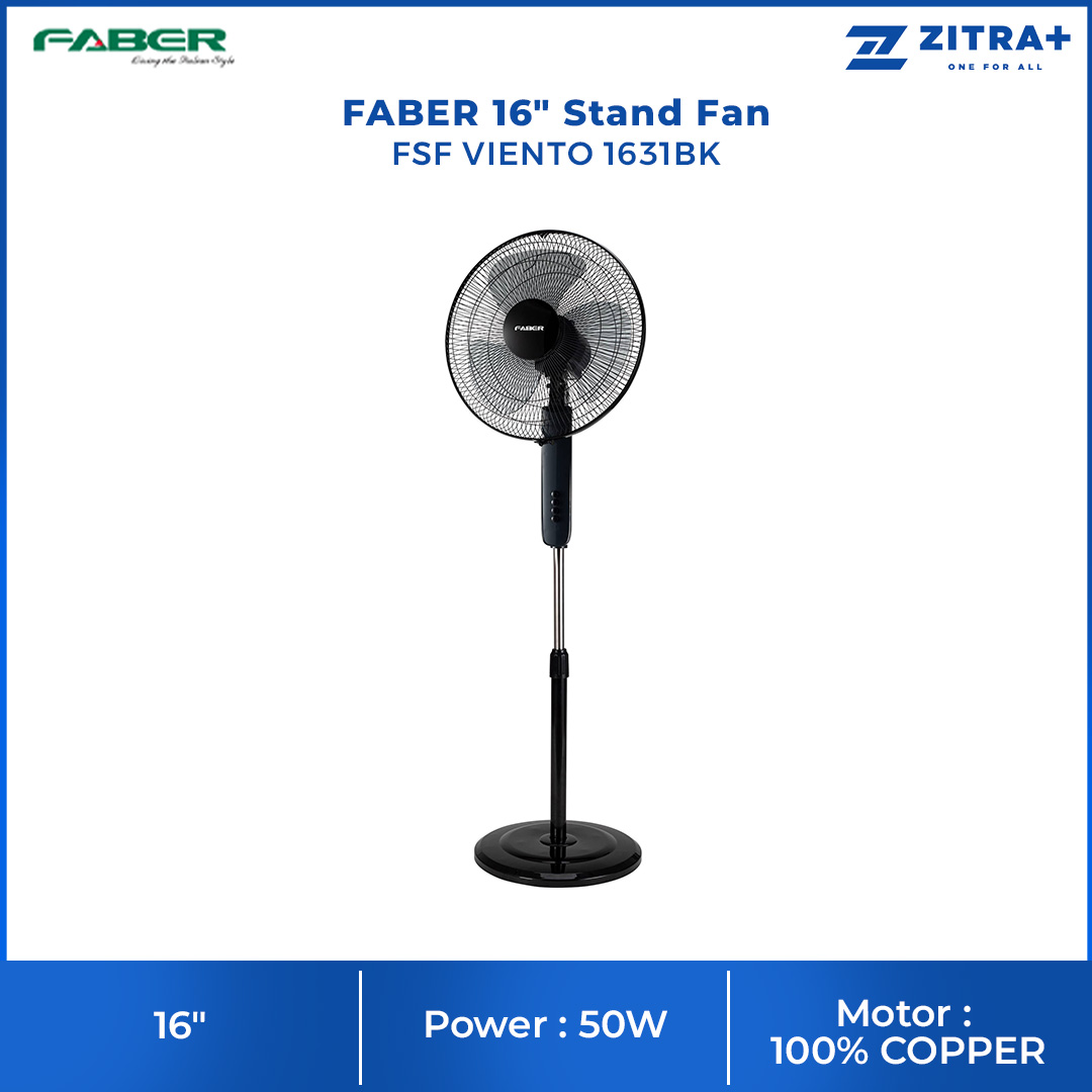 FABER 16" Stand Fan FSF VIENTO 1631BK | 3 Blades | 3 Speed Selection | 1250rpm Fan Speed | 55.495dB Noise Level | Stand Fan with 1 Year Warranty