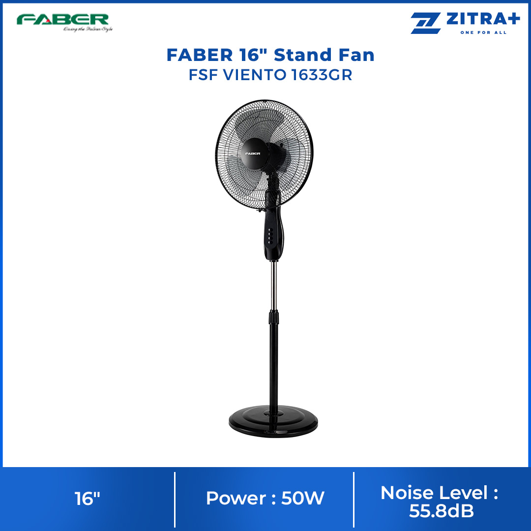 FABER 16" Stand Fan FSF VIENTO 1633GR | 3 Blades & 3 Speeds | 120pcs Radial Wire | 1250rpm Fan Speed | 47.89m3/min Air Delivery | 55.8dB Noise Level | Stand Fan with 1 Year General Warranty & 2 Years Motor Warranty