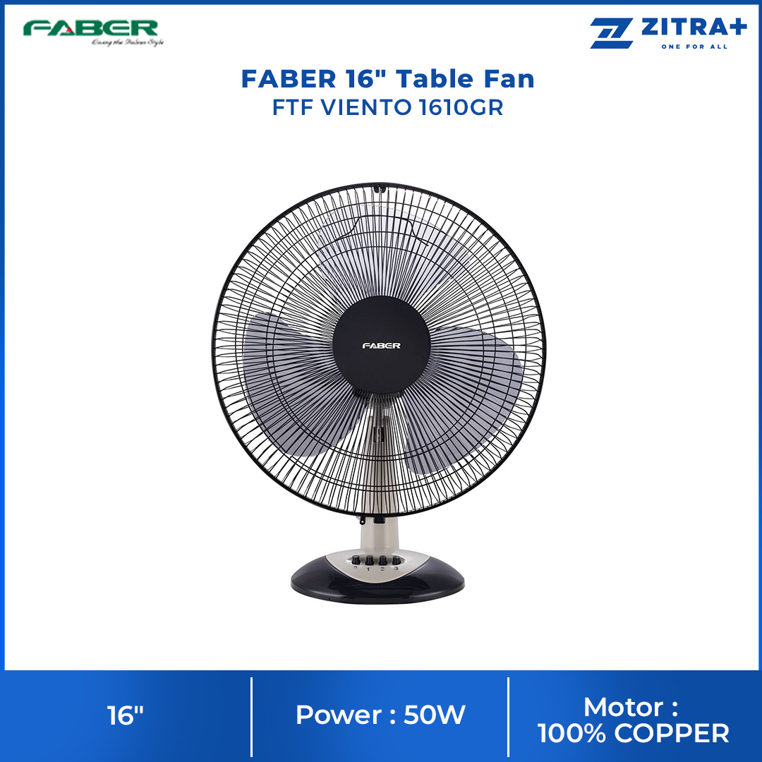 FABER 16" Table Fan FTF VIENTO 1610GR | 3 Blades | 3 Speed Selection | 1250rpm Fan Speed | 55.4dB Noise Level | Table Fan with 1 Year Warranty