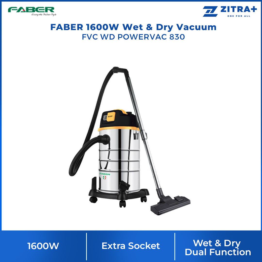 FABER 1600W Wet & Dry Vacuum FVC WD POWERVAC 830 | Stainless Steel Tank | Extra Socket on Easy Power Extension | With Air-Blowing Function | Vacuum with 1 Year Warranty