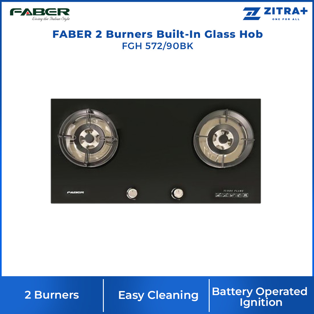 FABER 2 Burners Built-In Glass Hob FGH 572/90BK  | Premium Tempered Glass | Battery Operated Ignition | Easy Cleaning Design | Safety Device | 2 Burners with 1 Year Warranty