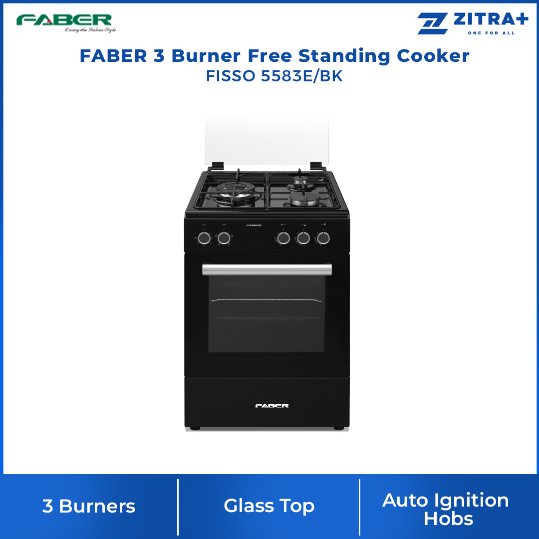 FABER 3 Burner Free Standing Cooker FISSO 5583E/BK | Full Electric Oven with 5 Functions | Auto ignition Hobs | Enamel Pan Support | Cooker Hob with 1 Year Warranty