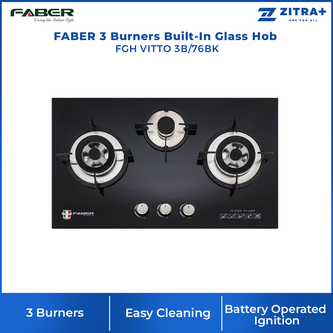 FABER 3 Burners Built-In Glass Hob FGH VITTO 3B/76BK  | Battery Operated Ignition | Easy Cleaning Design | Safety Device | High Quality Tempered Glass | 3 Burners with 1 Year Warranty