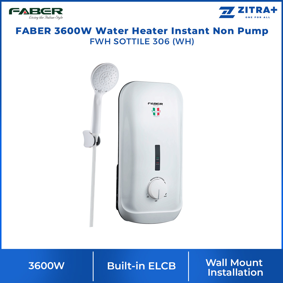 FABER 3600W Water Heater Instant Non Pump FWH SOTTILE 306 (WH) | Built-in ELCB | 90°C Thermal Cut Off | IP25 Splash Proof | 55°C Anti-Scalding | Double Thermal Safety Protection | Water Heater with 1 Year General & 7 Year Heating Element