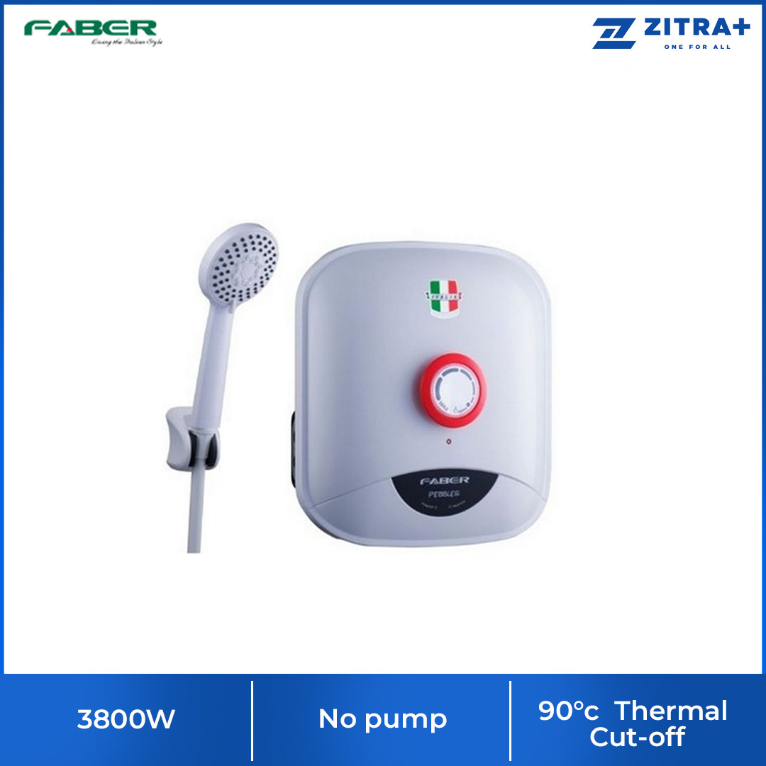 FABER 3800W Non Pump Water Heater FWH PEBBLES 106WH | Built-in ELCB | 3-Spray Pattern Hand Shower | IP25 Splash Proof | Double Thermal Safety Protection | Water Heater with 1 Year Warranty