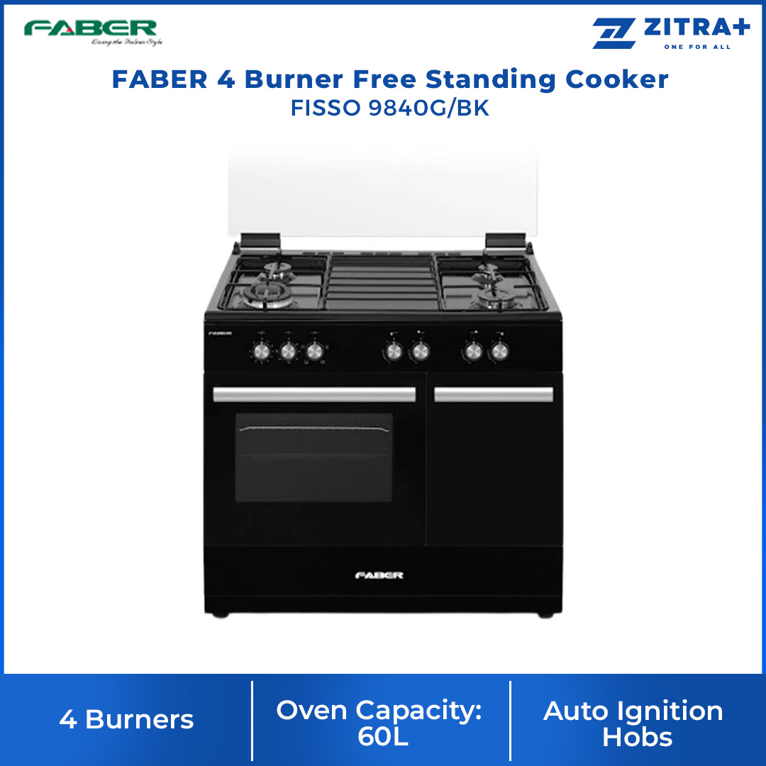 FABER 4 Burner Free Standing Cooker FISSO 9840G/BK | Gas Oven with Single Knob | Removable Double Glass Door Oven | Auto Ignition Hobs | Enamel Pan Support | Free Standing Cooker with 1 Year Warranty