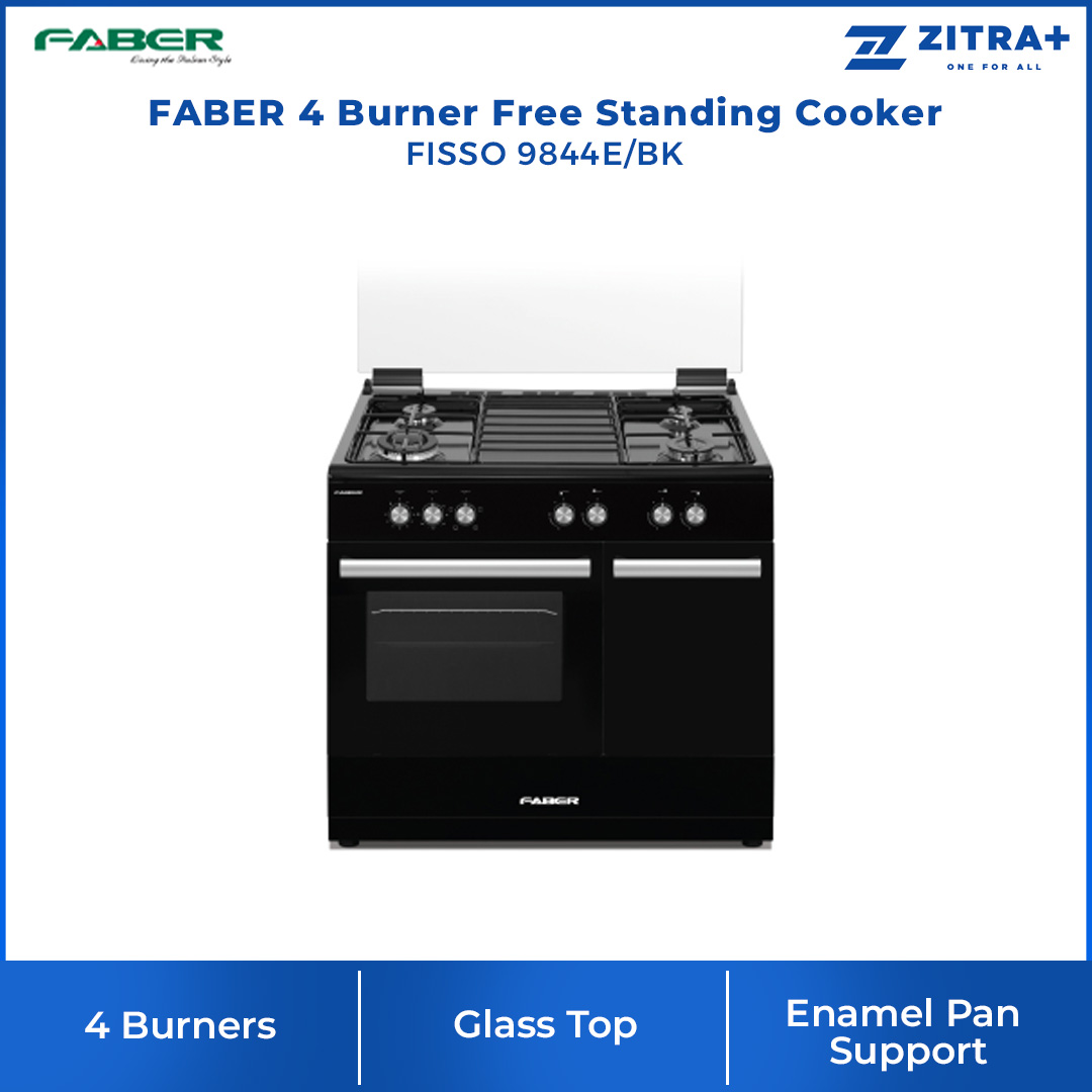 FABER 4 Burner Free Standing Cooker FISSO 9844E/BK | Oven Capacity: 60L | Full Electric Oven with 5 Function | Auto Ignition Hobs | Enamel Pan Support | Cooker with 1 Year Warranty