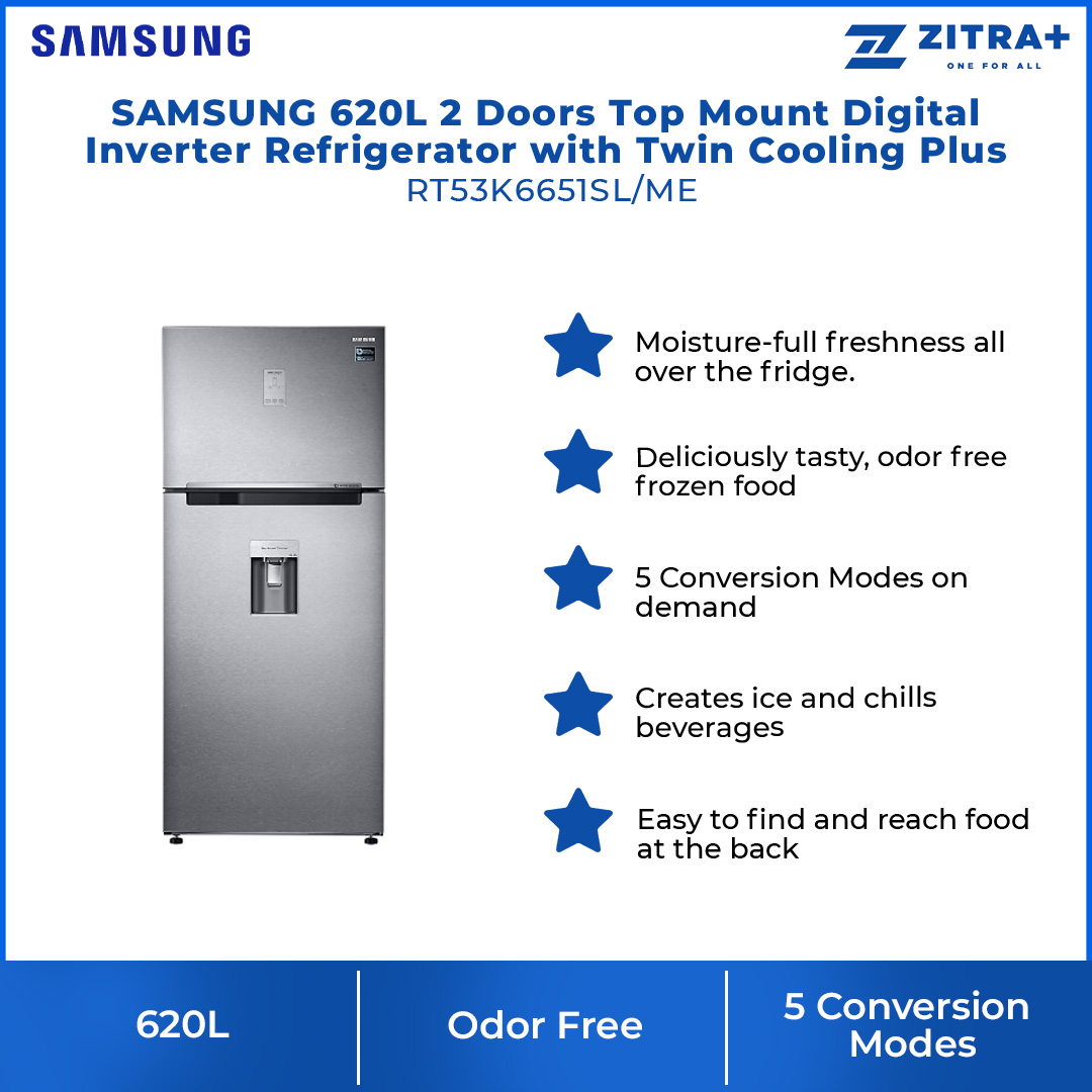 SAMSUNG 620L 2 Doors Top Mount Digital Inverter Refrigerator with Twin Cooling Plus RT53K6651SL/ME  | Power Freeze | Power Cool | Water Dispenser | Twin Cooling Plus™ | Refrigerator with 1 Year Warranty