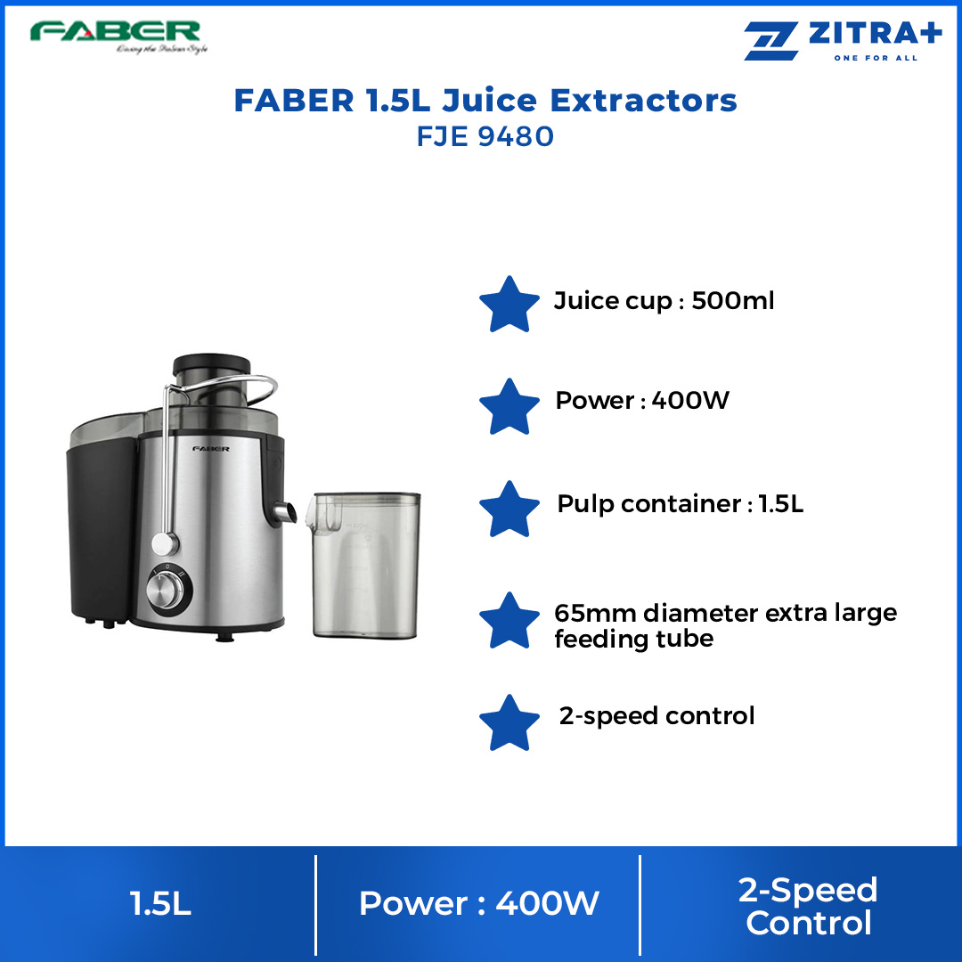FABER 1.5L Juice Extractors FJE 9480 | 2-Speed Control | 65mm Diameter Extra Large Feeding Tube | 1.5L Pulp Container | Juice Extractors with 1 Year Warranty