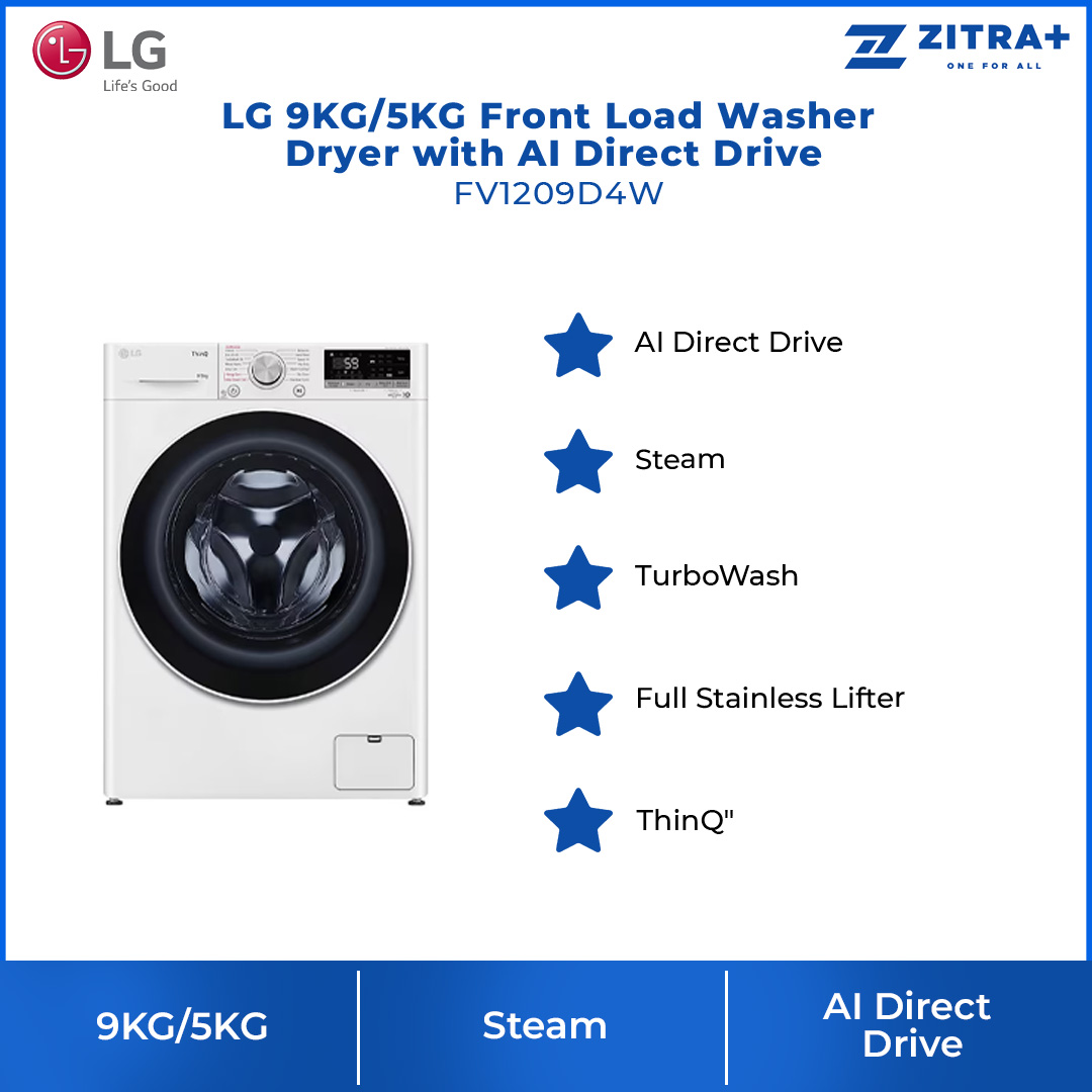 LG 9KG/5KG Front Load Washer Dryer with AI Direct Drive FV1209D4W  | 6 Motion | Smart Diagnosis | Easy Care | Cotton+ | Rinse+Spin | Quick 30 | Load Washer with 1 Year Warranty