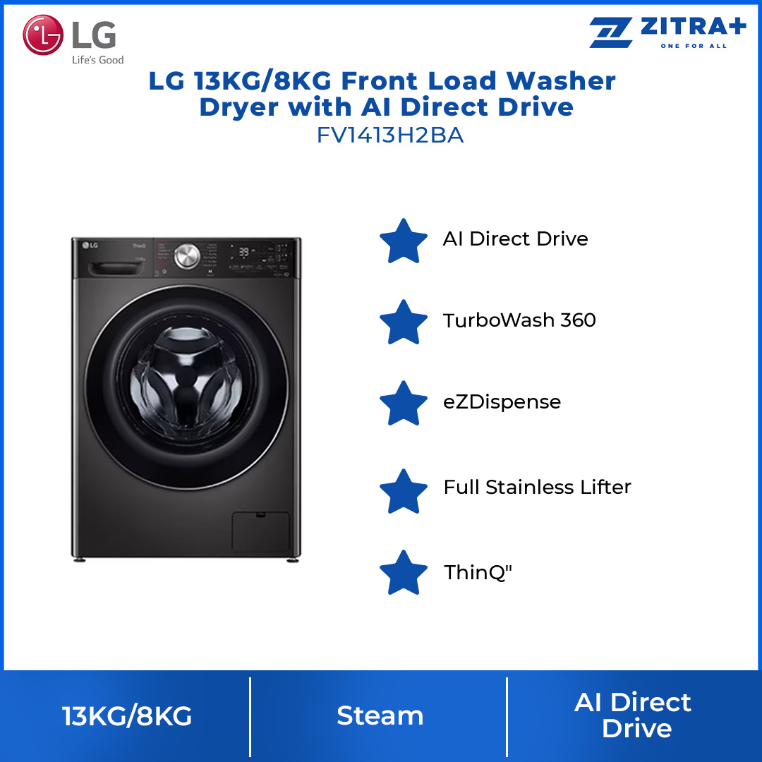 LG 13KG/8KG Front Load Washer Dryer with AI Direct Drive FV1413H2BA | Steam+™ | TurboWash™ | 360 eZDispense™ | Washer Dryer with 1 Year Warranty