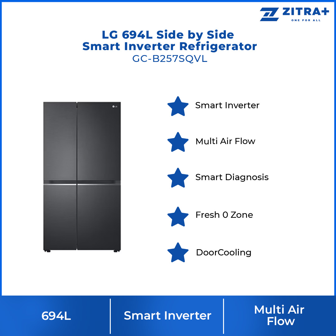 LG 694L Side by side Smart Inverter Refrigerator GC-B257SQVL | DoorCooling+ | Multi Air Flow | Fresh 0 Zone | Refrigerator with 1 Year Warranty