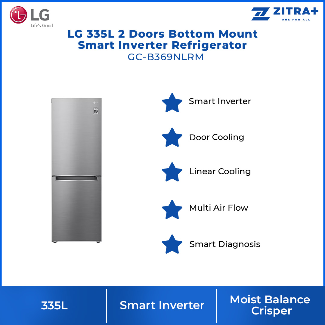 LG 335L 2 Doors Bottom Mount Smart Inverter Refrigerator  GC-B369NLRM | Multi Air Flow | Moist Balance Crisper | Smart Diagnosis | Refrigerator with 1 Year Warranty