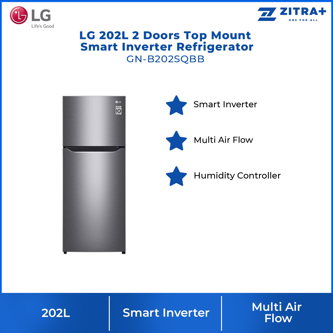 LG 202L 2 Doors Top Mount Smart Inverter Refrigerator GN-B202SQBB  | Humidity Controller | Moist Balance Crisper | Big Vegetable Box | Refrigerator with 1 Year Warranty