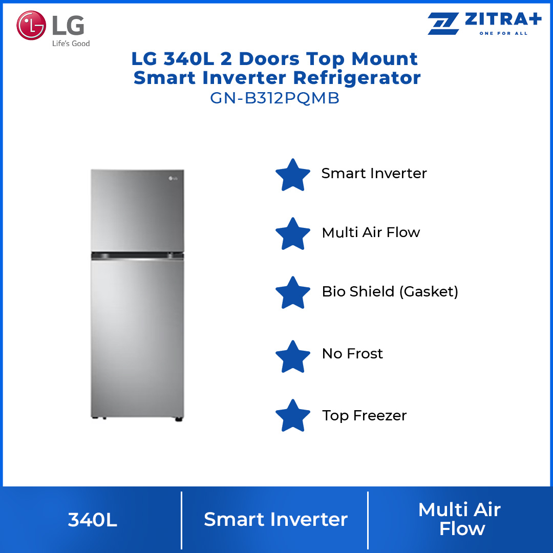 LG 340L 2 Doors Top Mount Smart Inverter Refrigerator GN-B312PQMB | Smart Inverter | Multi Air Flow | No Frost | Refrigerator with 1 Year Warranty