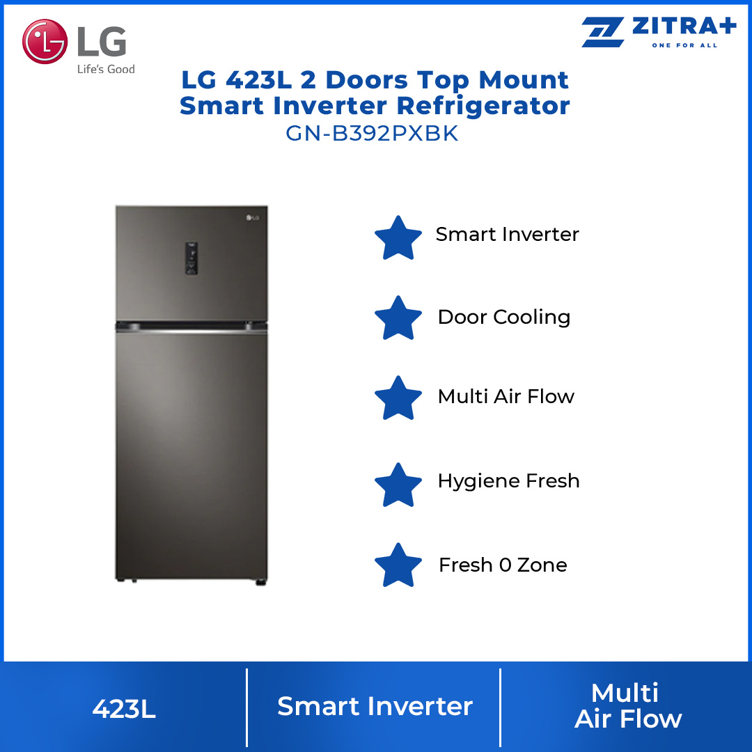 LG 423L 2 Doors Top Mount Smart Inverter Refrigerator GN-B392PXBK | Hygiene Fresh+™ | Fresh 0 Zone | Smart Diagnosis™ | Refrigerator with 1 Year Warranty