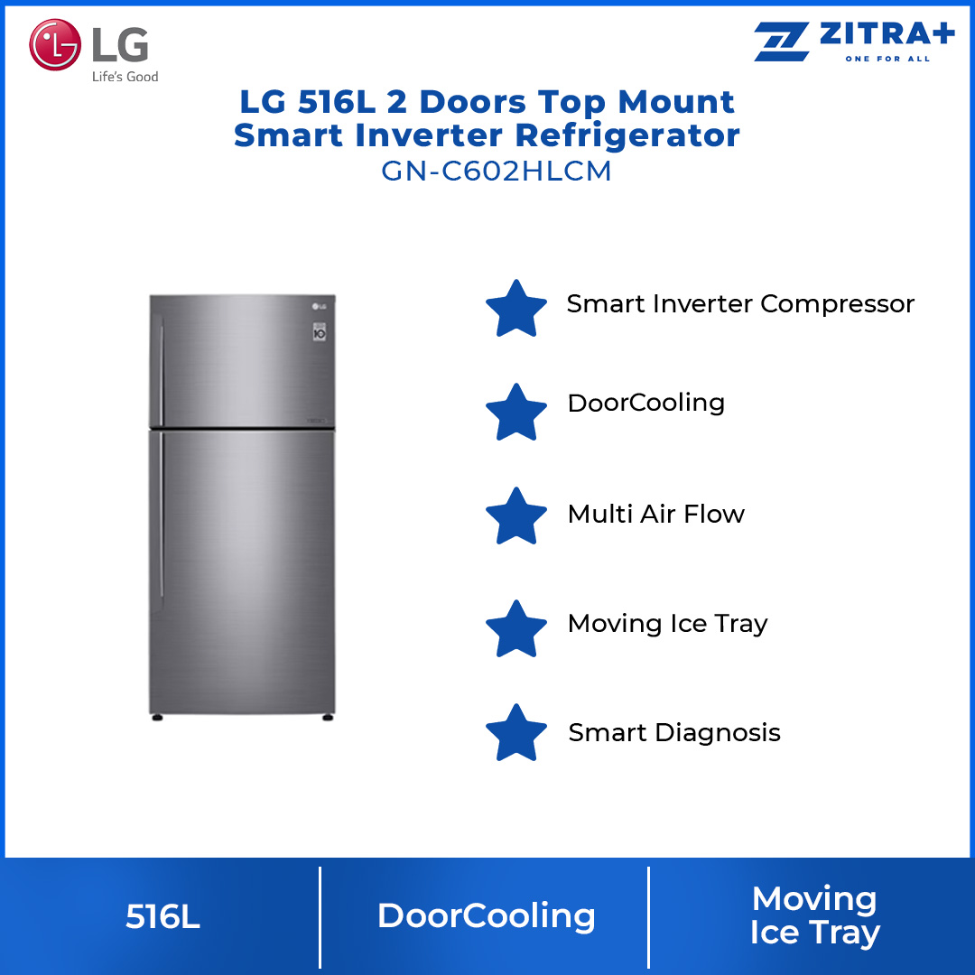 LG 516L 2 Doors Top Mount Smart Inverter Refrigerator GN-C602HLCM | Multi Air Flow | Moving Ice Tray | Smart Diagnosis | Refrigerator with 1 Year Warranty