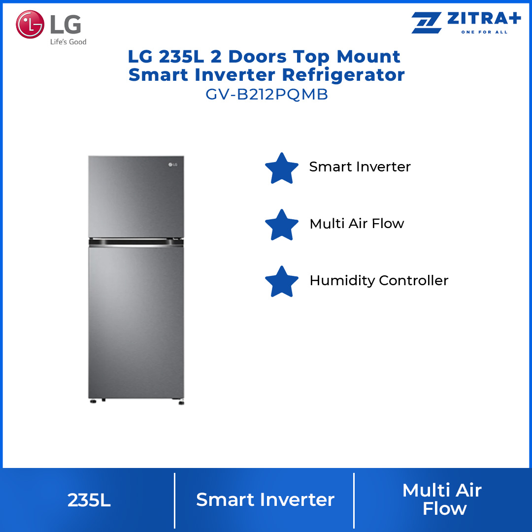 LG 235L 2 Doors Top Mount Smart Inverter Refrigerator GV-B212PQMB | Humidity Controller | Moist Balance Crisper | Multi Air Flow | Refrigerator with 1 Year Warranty