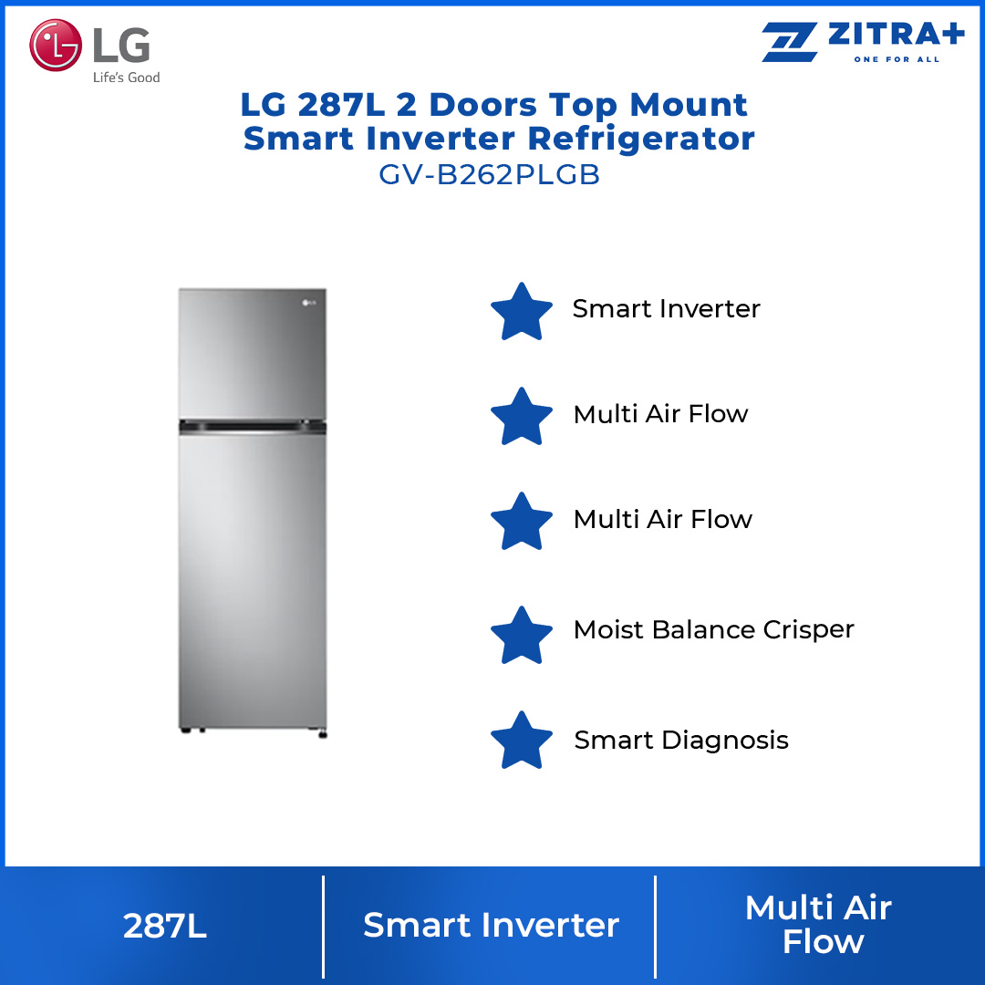 LG 287L 2 Doors Top Mount Smart Inverter Refrigerator GV-B262PLGB | Humidity Controller | Moist Balance Crisper | Smart Diagnosis | Refrigerator with 1 Year Warranty