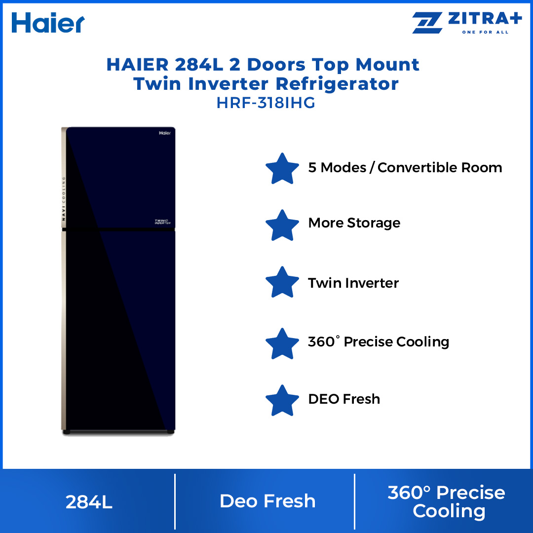 HAIER 284L 2 Doors Glass Series Top Mount Twin Inverter Refrigerator HRF-318IHG | 5-in-1 Navi Cooling Mode  | 360º Precise Cooling | Door Pocket | Humidity Control | Ice Maker | LED Controller | Refrigerators with 2 Year Warranty