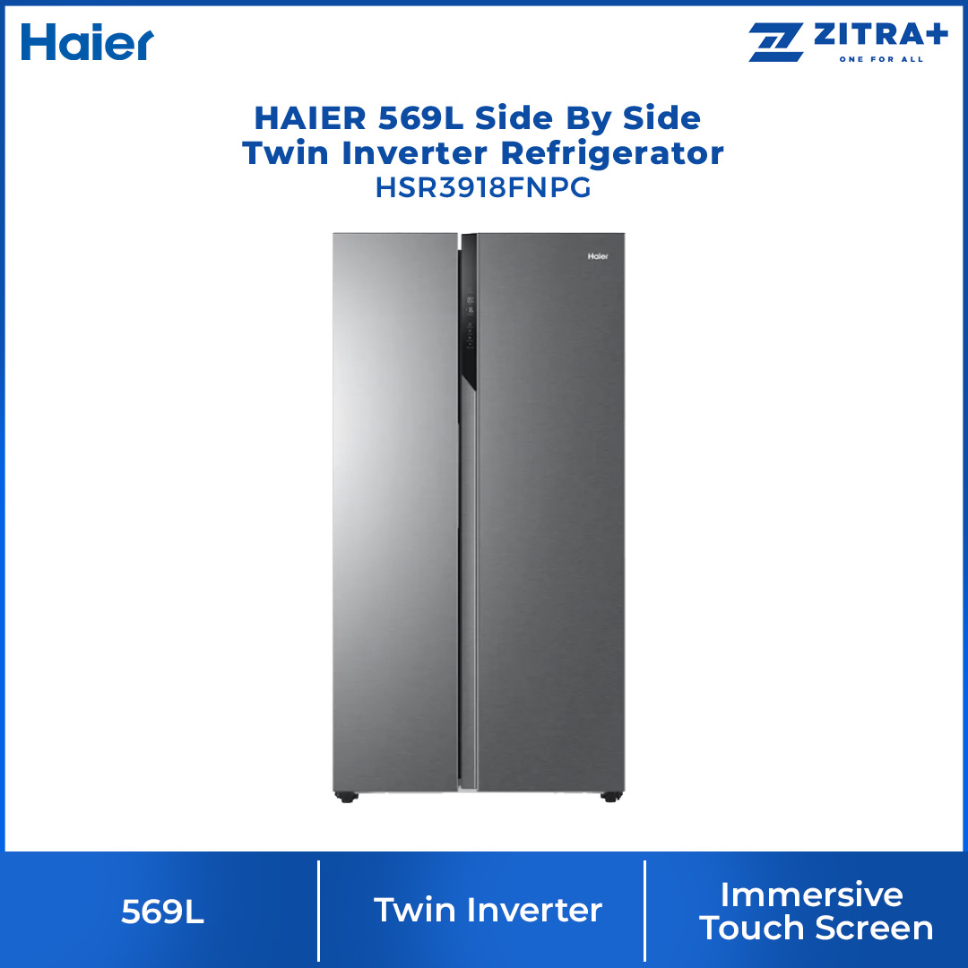 HAIER 569L Side By Side Twin Inverter Refrigerator HSR3918FNPG | No Frost | Touch LED | Door Pocket | Ice Maker | Humidity Control | Refrigerators with 2 Year Warranty