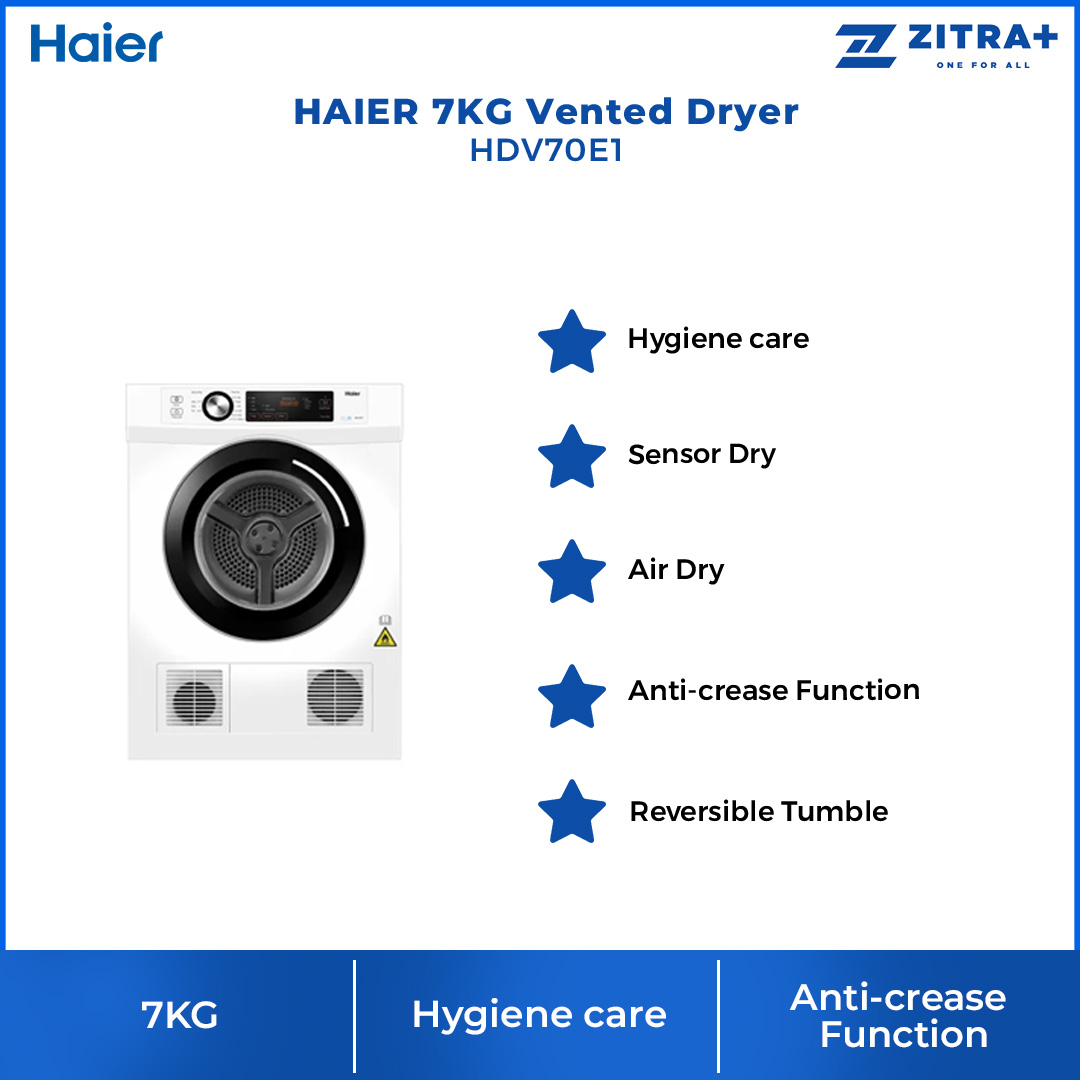 HAIER 7KG Vented Dryer HDV70E1 | Eliminate Bacteria | Sensor Dry | Knob control | Child Lock | Dryer with 2 Year Warranty