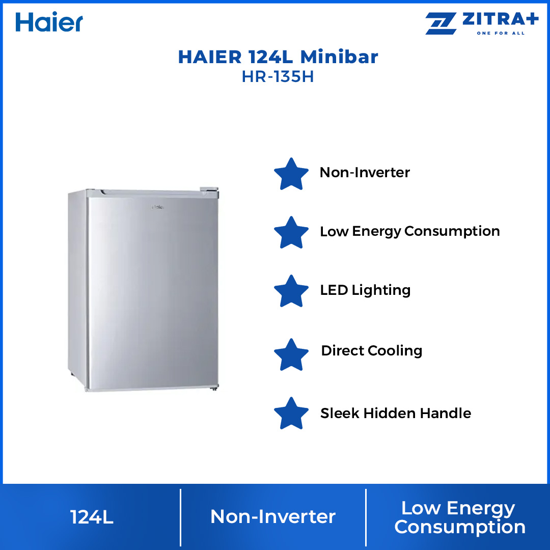 HAIER 124L Minibar HR-135H | Low Energy Consumption | LED Lighting | Direct Cooling | Refrigerator with 2 Year Warranty
