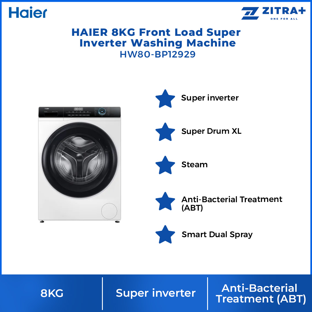 HAIER 8KG Front Load Super Inverter Washing Machine HW80-BP12929 | Super Drum XL | Super Inverter | Smart Dual Spray | Washing Machine with 2 Year Warranty