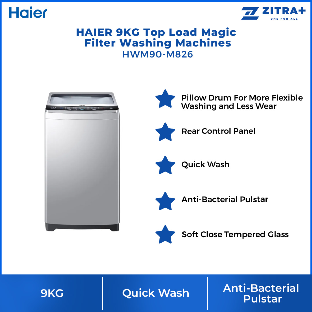 HAIER 9KG Top Load Magic Filter Washing Machines HWM90-M826 | Magic Filter x2 | Pillow Drum | Soft Close Tempered Glass | Hijab Mode | Washing Machine with 2 Year Warranty